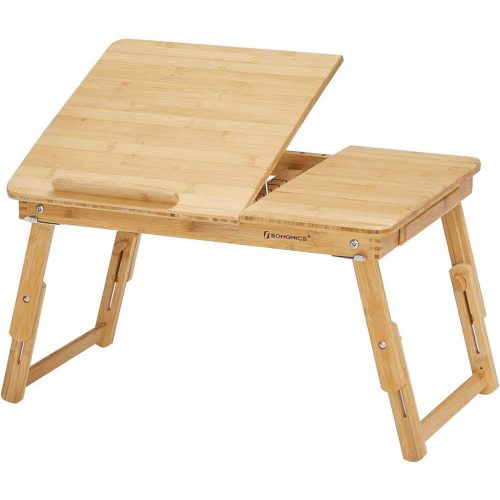 SONGMICS Bambusz Ölbeli Asztal, Laptop Asztal, Reggeliző Tálca 5 Állítható Döntési Szöggel,