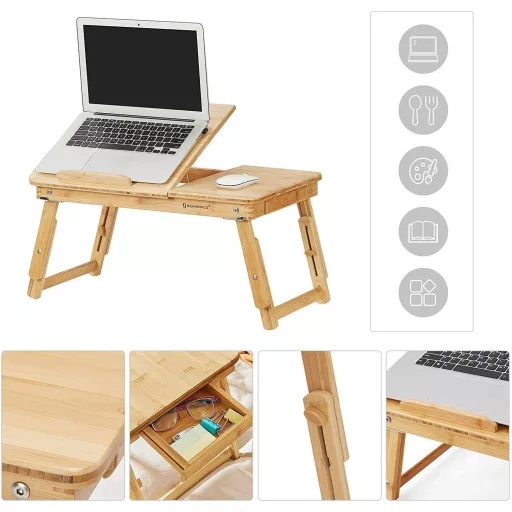 SONGMICS Bambusz Ölbeli Asztal, Laptop Asztal, Reggeliző Tálca 5 Állítható Döntési Szöggel,