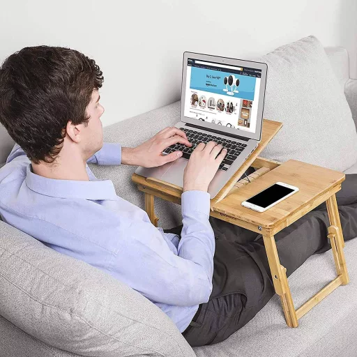 SONGMICS Bambusz Ölbeli Asztal, Laptop Asztal, Reggeliző Tálca 5 Állítható Döntési Szöggel,
