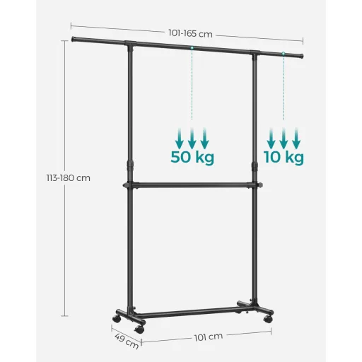 Álló ruhafogas, állítható magasságú, kerekekkel, fekete 113-180 cm