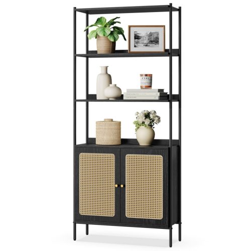 VASAGLE 6 szintes könyvespolc, magas könyvszekrény rattan hatású ajtókkal, boho stílusú,