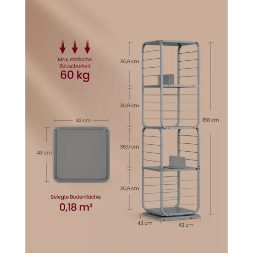 Könyvespolc, 360°-ban forgatható acél polc, 4 szintes, 43x43x158cm
