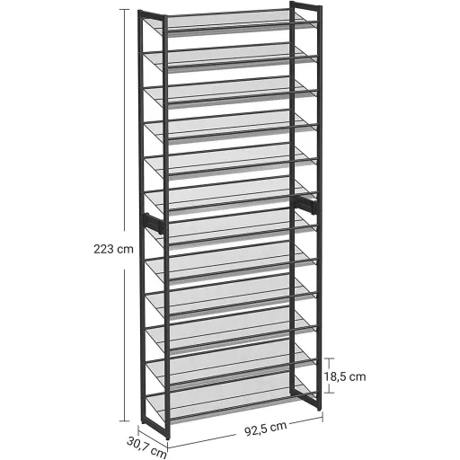 Cipőtartó polc 2x6 szintes fém háló polcokkal, fekete 92x30x220cm