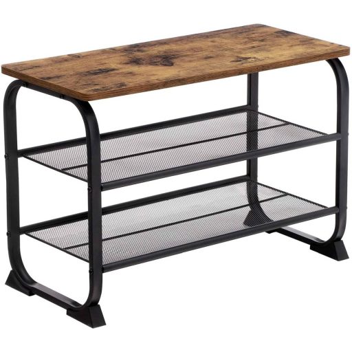 VASAGLE Cipőpad, ipari cipőtartó 2 hálós polccal, lekerekített vasvázzal, előszobába és