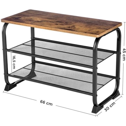 VASAGLE Cipőpad, ipari cipőtartó 2 hálós polccal, lekerekített vasvázzal, előszobába és