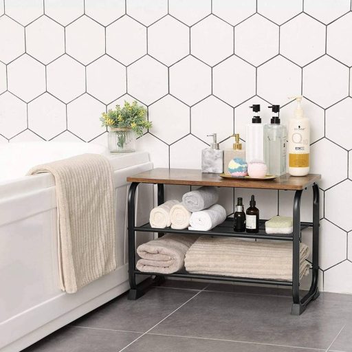 VASAGLE Cipőpad, ipari cipőtartó 2 hálós polccal, lekerekített vasvázzal, előszobába és