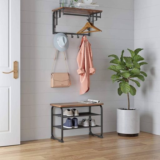 VASAGLE Cipőpad, ipari cipőtartó 2 hálós polccal, lekerekített vasvázzal, előszobába és