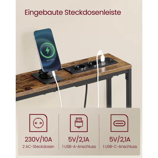 Keskeny konzolasztal töltőállomással, akasztókkal, rusztikus barna