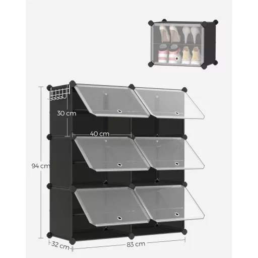 Cipőtároló doboz 6 rekeszes tárolódoboz, fekete 82x32x92cm
