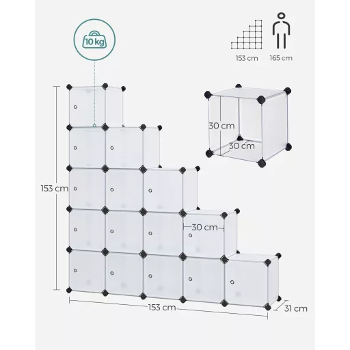 Tároló dobozok moduláris műanyag rendszerező kockák 15 db, fehér 123x31x123cm