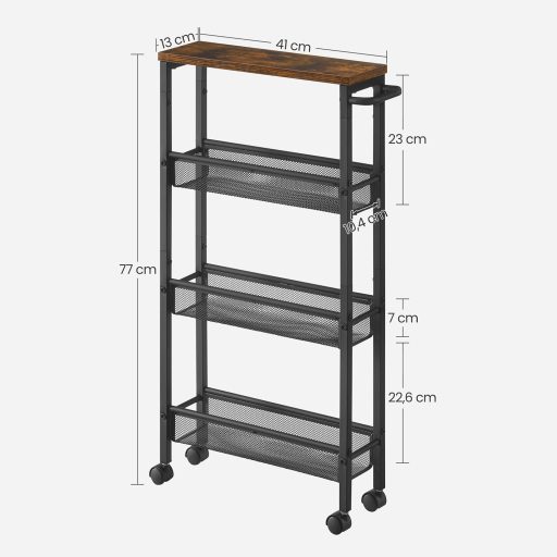 VASAGLE Konyhai Kocsi 4 Szintes Konyhai Kocsi Keskeny Polc Konyhai Polc Kerekeken Acélkeret