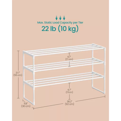 Cipőtartó polc, 3 szintes fém tároló, akár 20 pár cipőhöz, fehér 30x92x55cm