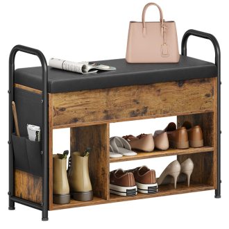 VASAGLE cipőpad, cipőtartó, előszobai bútor, belső tároló a fedél alatt, PU zsebek,