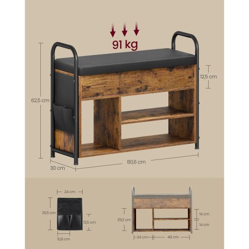 VASAGLE cipőpad, cipőtartó, előszobai bútor, belső tároló a fedél alatt, PU zsebek,