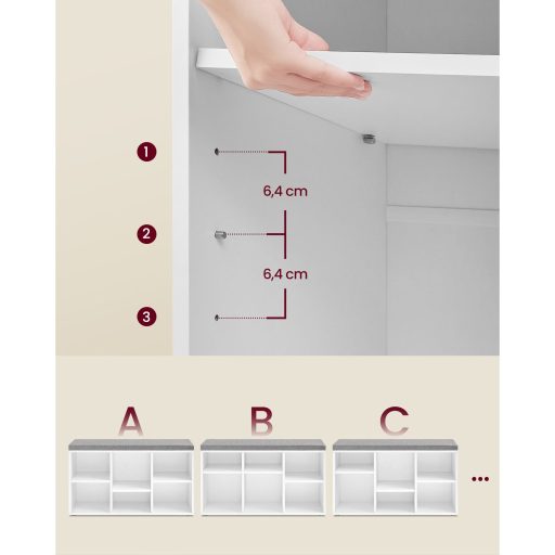 VASAGLE Cipőpad Ülőke Cipőrendező 6 Rekesszel és 3 Állítható Polccal 3 Tárolódoboz a