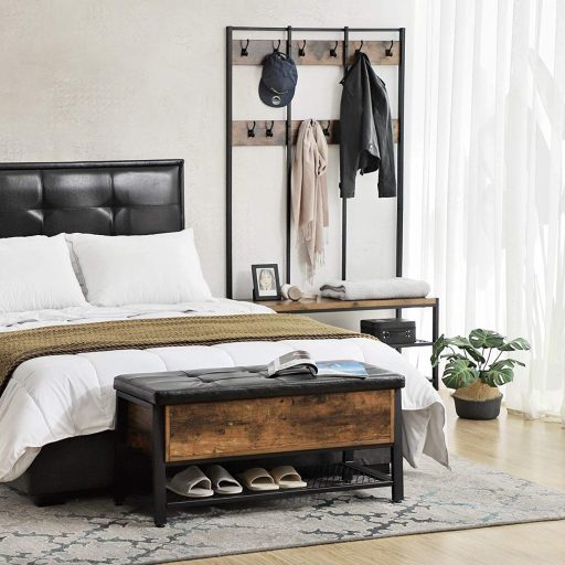 VASAGLE Ipari Cipőtároló Pad, Ágyvégi Ülőke Párnázott Üléssel és Cipőpolccal,