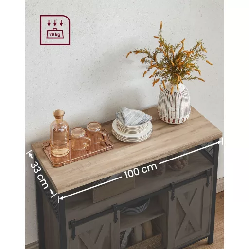 Komód elhúzható ajtókkal és nyitott polcokkal, homokbarna 100x33x80cm