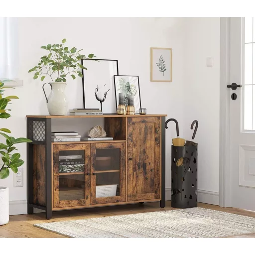 Komód három ajtóval és nyitott polcokkal, rusztikus barna 110x33x75cm