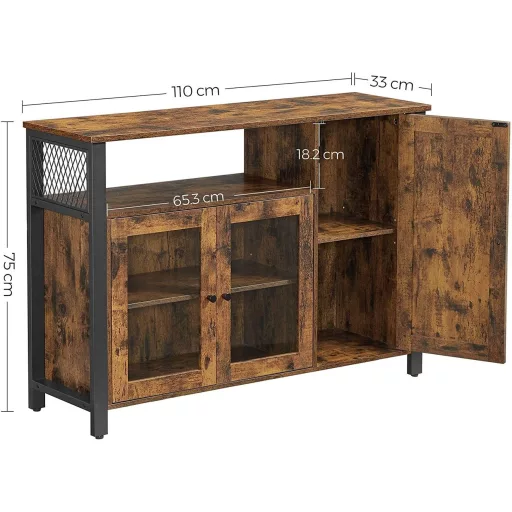 Komód három ajtóval és nyitott polcokkal, rusztikus barna 110x33x75cm