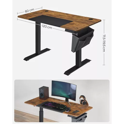 Elektromosan állítható íróasztal komplett, rusztikus barna 120x60x72-120cm