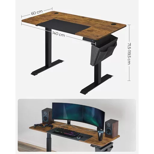 Elektromosan állítható íróasztal komplett, rusztikus barna 140x60x72-120cm