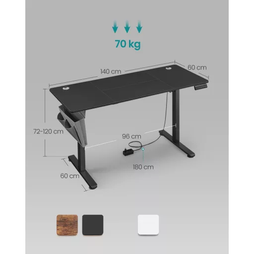 Elektromosan állítható íróasztal, 60 x 140 x (72-120) cm, fekete