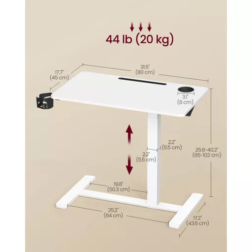 Mobil számítógép asztal kerekekkel, állítható magasság 80x45cm, felhő fehér