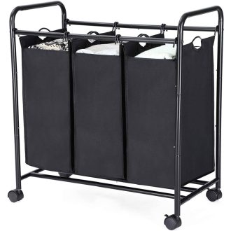 SONGMICS Gurulós Szennyestartó, Szennyestartó Kosár 3 Kivehető Zsákkal, Szennyestartó Kocsi,