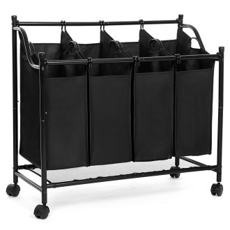 SONGMICS gurulós szennyestartó, szennyestartó kosár 4 kivehető zsákkal, szennyestartó,