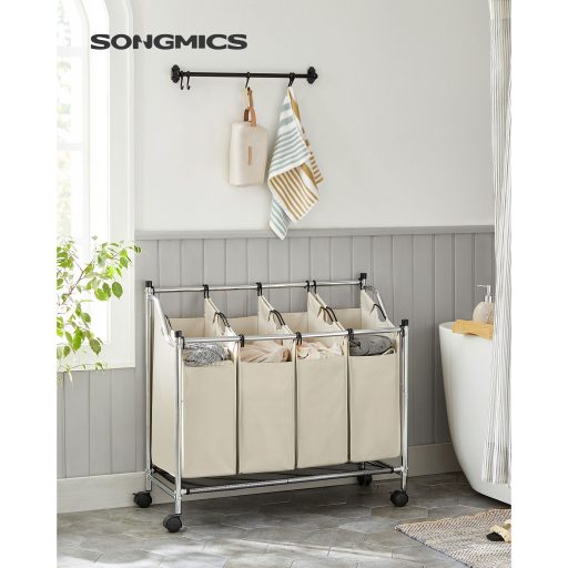 SONGMICS gurulós szennyestartó, szennyestartó kosár 4 kivehető zsákkal, szennyestartó,