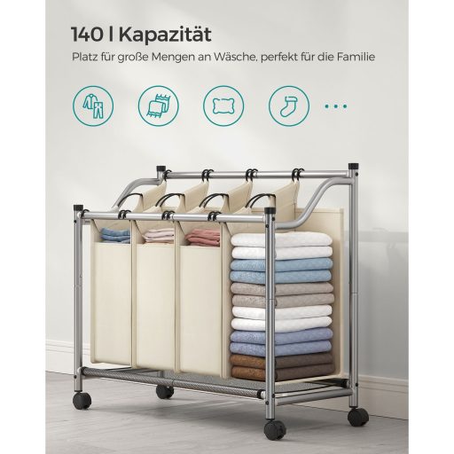 SONGMICS gurulós szennyestartó, szennyestartó kosár 4 kivehető zsákkal, szennyestartó,