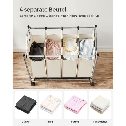 SONGMICS gurulós szennyestartó, szennyestartó kosár 4 kivehető zsákkal, szennyestartó,