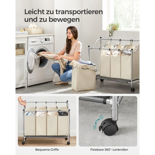 SONGMICS gurulós szennyestartó, szennyestartó kosár 4 kivehető zsákkal, szennyestartó,