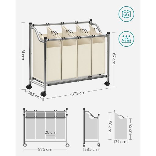 SONGMICS gurulós szennyestartó, szennyestartó kosár 4 kivehető zsákkal, szennyestartó,