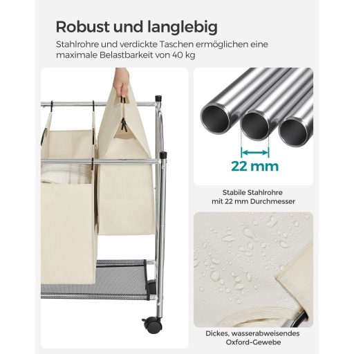 SONGMICS gurulós szennyestartó, szennyestartó kosár 4 kivehető zsákkal, szennyestartó,