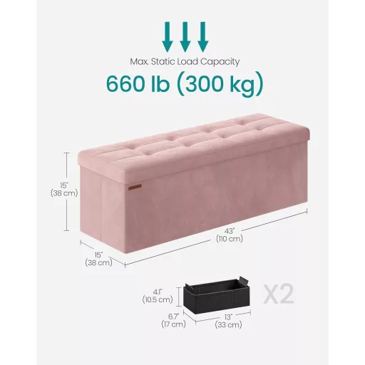 Összecsukható bársonyos tárolópuff, lábtartó, rózsaszín