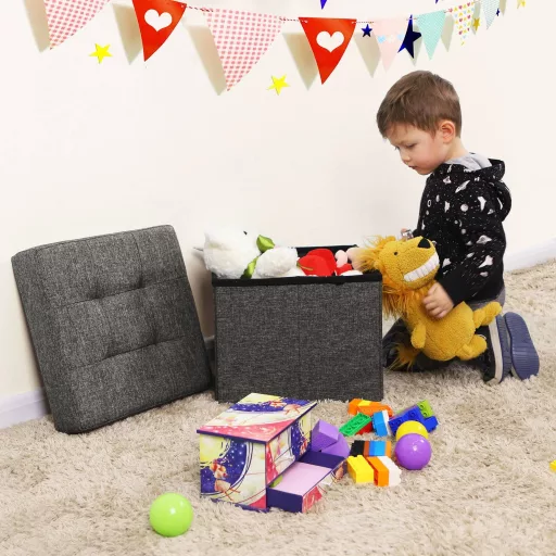 SONGMICS Összecsukható Tároló Zsámoly Lábzsámoly és Textil Vászon Sötétszürke 38 x 38 x