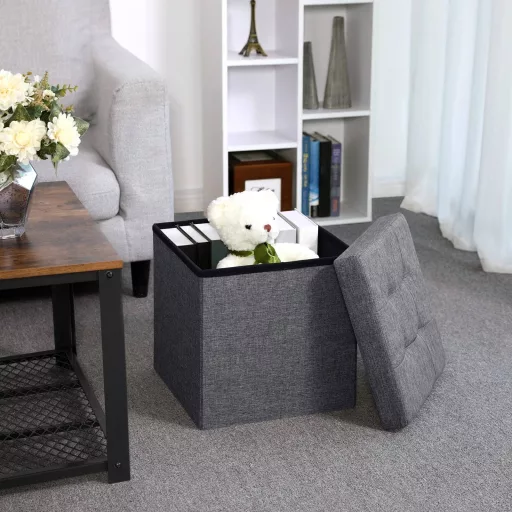 SONGMICS Összecsukható Tároló Zsámoly Lábzsámoly és Textil Vászon Sötétszürke 38 x 38 x