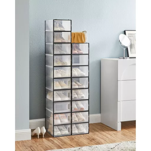 Cipőtároló doboz, egymásra rakható műanyag tároló 18db, átlátszó és fekete 33x23x14 cm