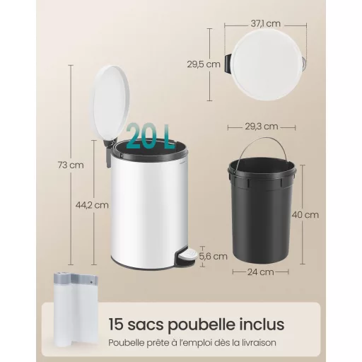 Kerek szemetes, 20L, fém, pedálos, levehető belső vödör, felhő fehér
