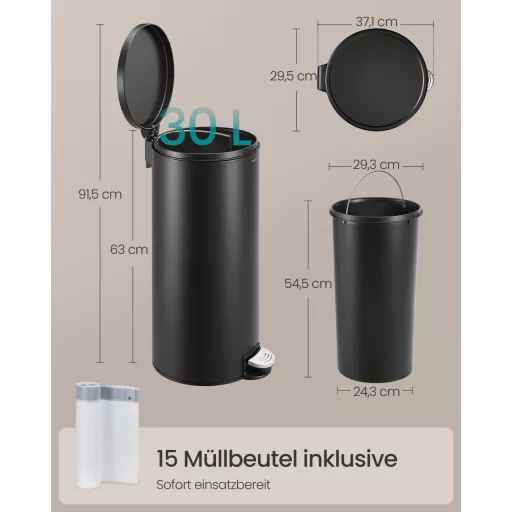 Kerek szemetes 30L, pedálos, acél, lágy záródás, fekete