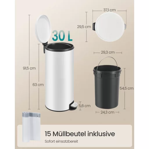 Kerek szemetes, 30L, pedálos, acél, műanyag vödörrel, lágy záródású, felhő