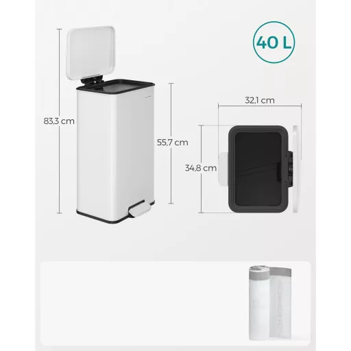 SONGMICS LTB540W4002 40 literes acél pedálos szemetes fedéllel és 15 zsákkal, fehér