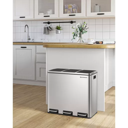 SONGMICS Szelektív Hulladékgyűjtő, 3 x 18 L Hármas Konyhai Szemetes, 3 Rekeszes Pedálos