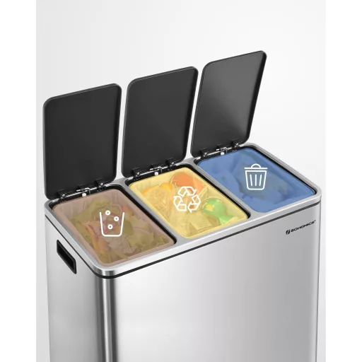 SONGMICS Szelektív Hulladékgyűjtő, 3 x 18 L Hármas Konyhai Szemetes, 3 Rekeszes Pedálos