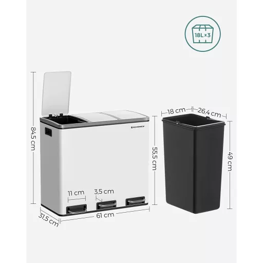 SONGMICS Szelektív Hulladékgyűjtő, 3 x 18 L Hármas Konyhai Szemetes, 3 Rekeszes Pedálos
