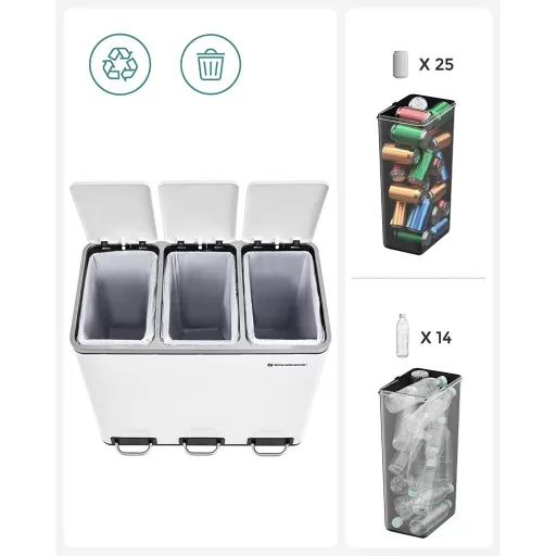 SONGMICS Szelektív Hulladékgyűjtő, 3 x 18 L Hármas Konyhai Szemetes, 3 Rekeszes Pedálos