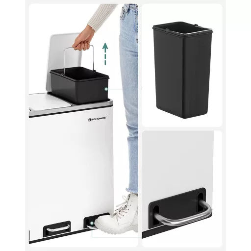 SONGMICS Szelektív Hulladékgyűjtő, 3 x 18 L Hármas Konyhai Szemetes, 3 Rekeszes Pedálos