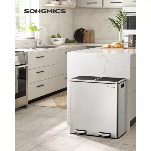 SONGMICS Dupla Szemetes, 2 x 30 L Két Rekeszes Konyhai Szemetes 15 Szemeteszsákkal, Fém Pedálos