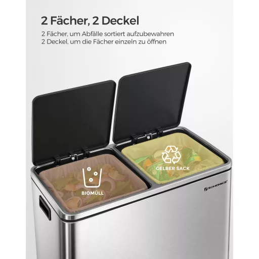 SONGMICS Dupla Szemetes, 2 x 30 L Két Rekeszes Konyhai Szemetes 15 Szemeteszsákkal, Fém Pedálos
